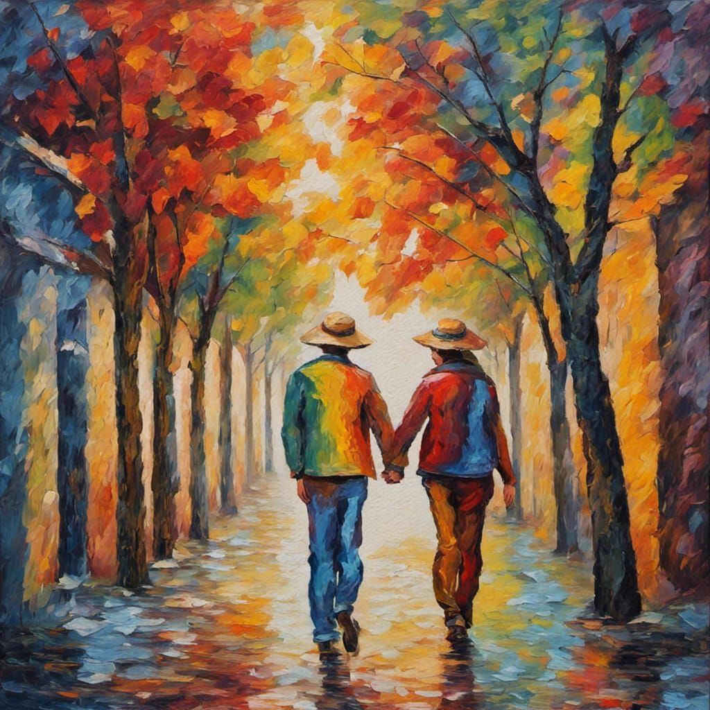 Couple Walking in Expressionist Impasto Oil Painting