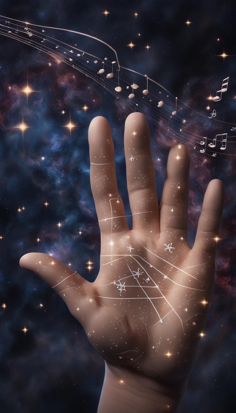 AI Hand Creating Music in Space, Detailed Matte Painting