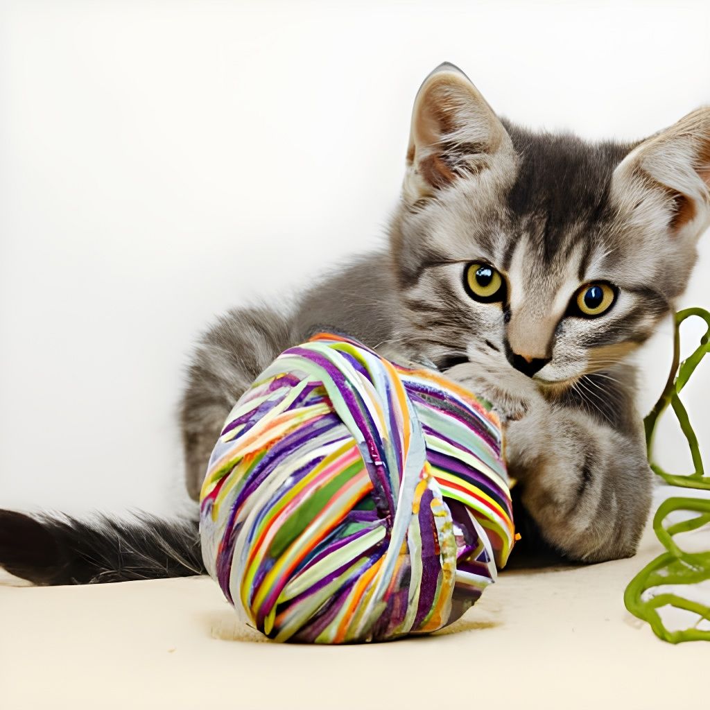 Kitten Plays with Yarn Ball