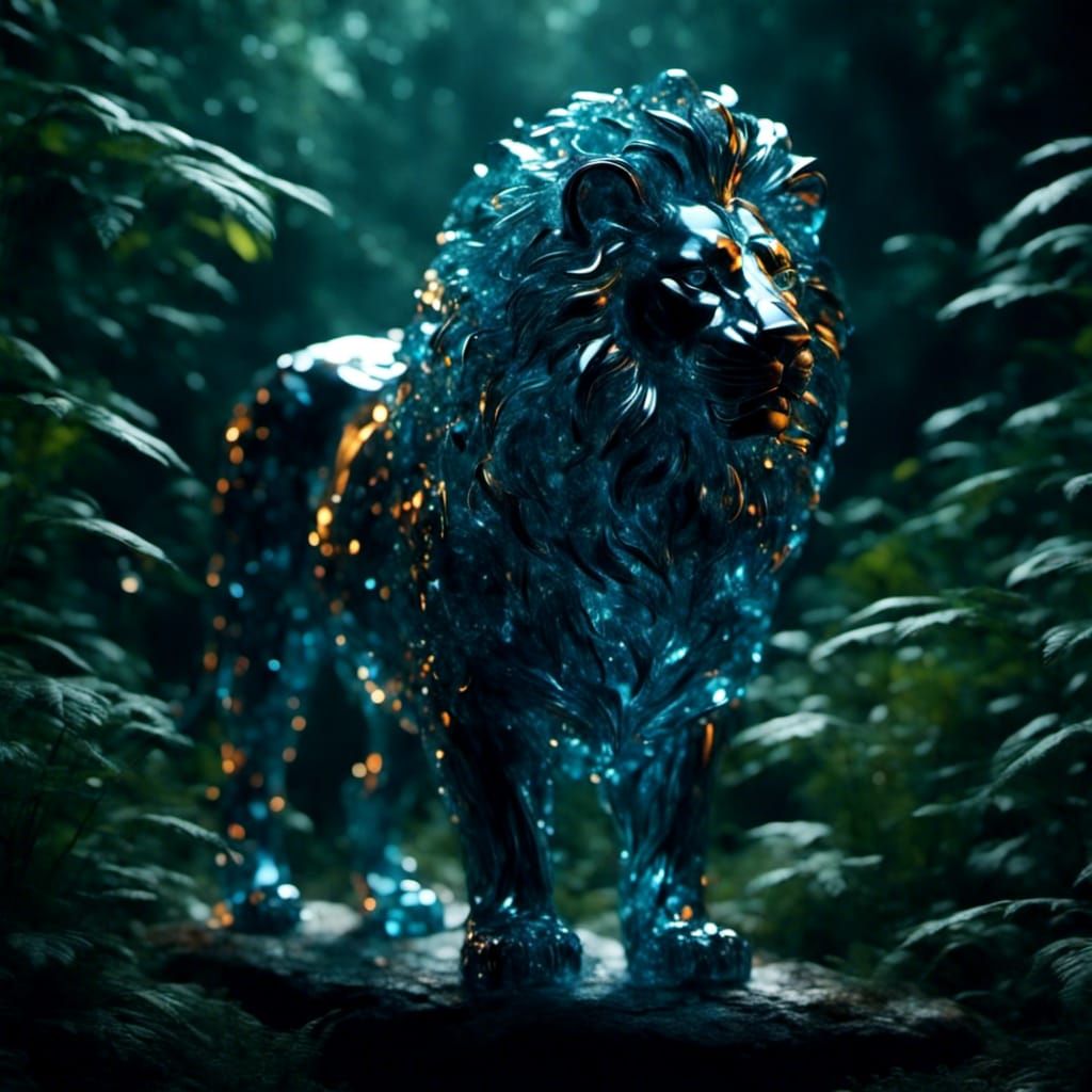 Luminescent Glass Lion in Dark Jungle