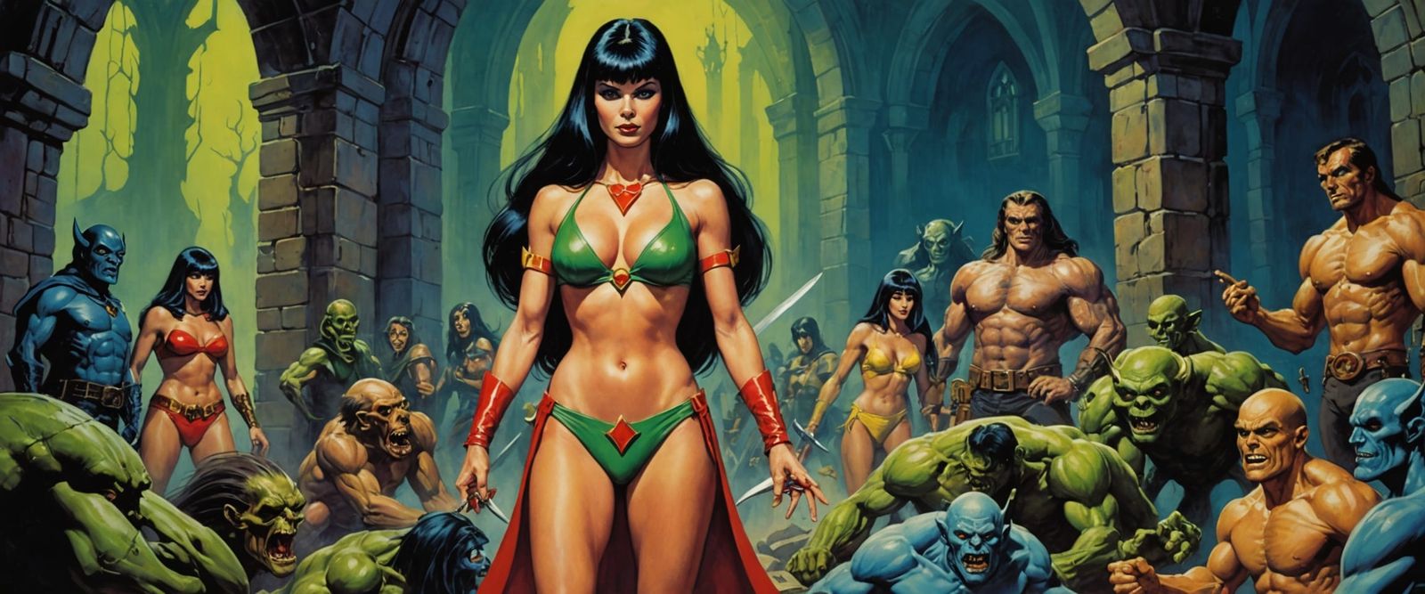 Vampirella in Dungeon with Ghouls, Retro Gothic Horror