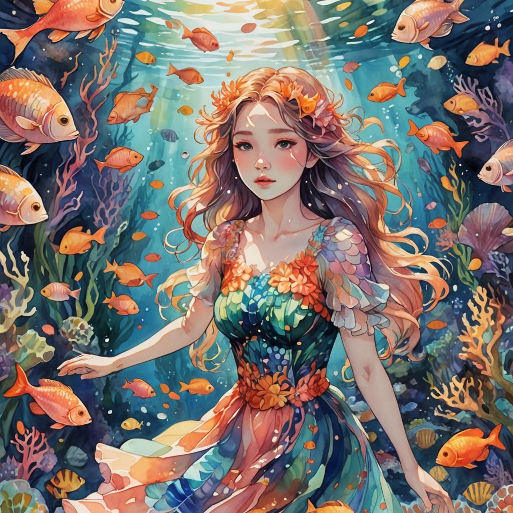 Anime Girl in Underwater Coral Reef Fantasy
