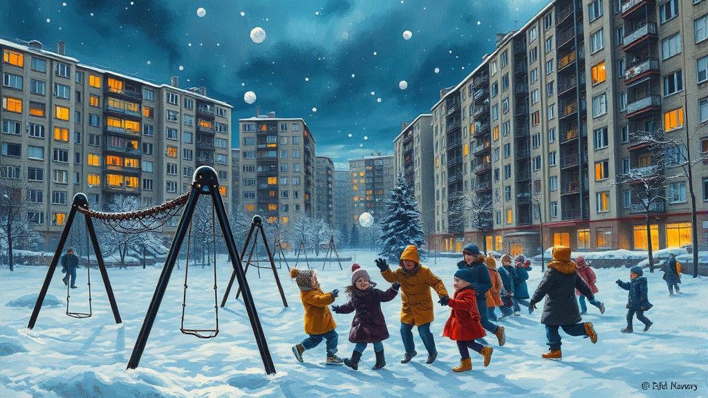 Vibrant Soviet Winter Cityscape in Abstract Style