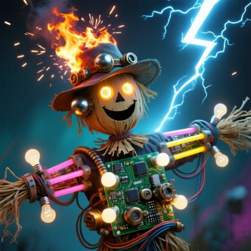 Steampunk Scarecrow Electrified by Lightning