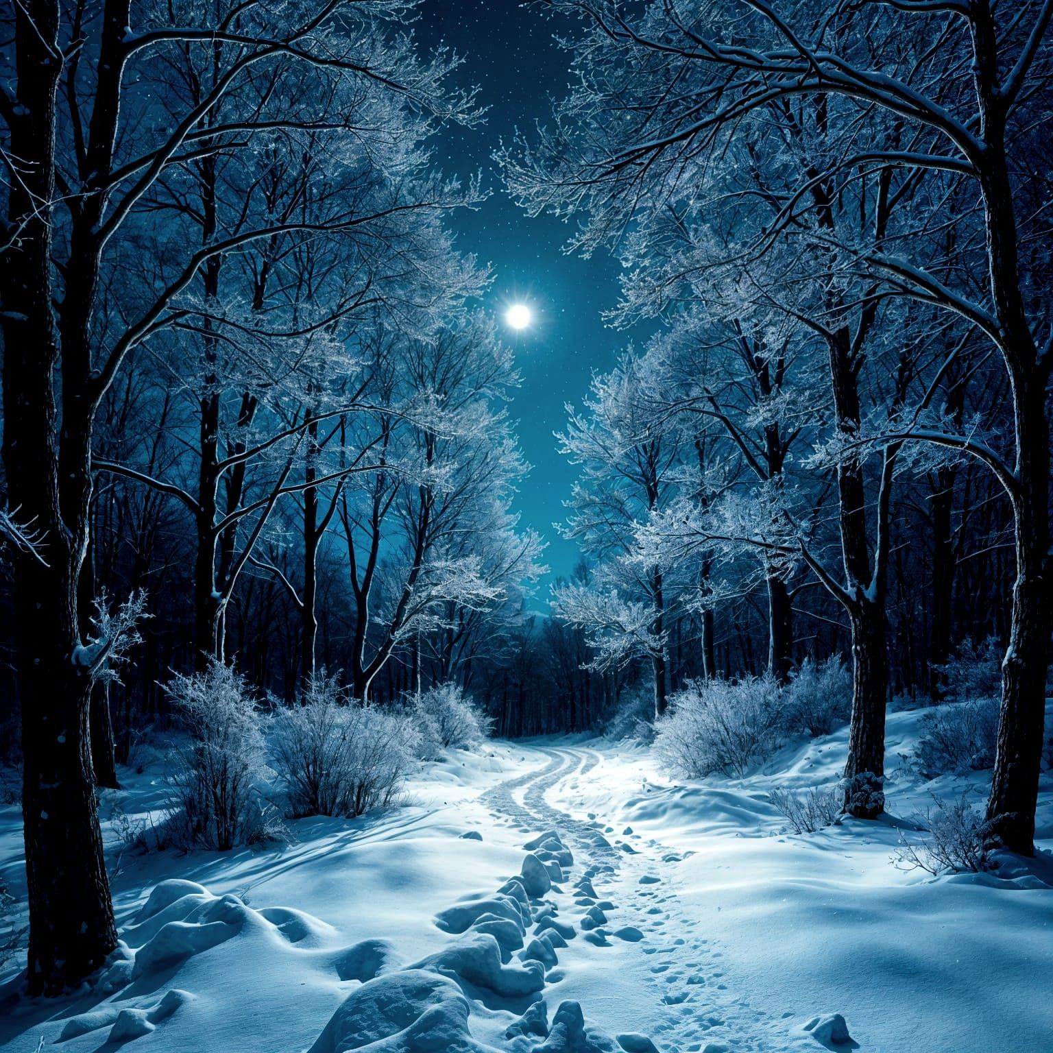 Moonlit Winter Forest in Frosty Splendor