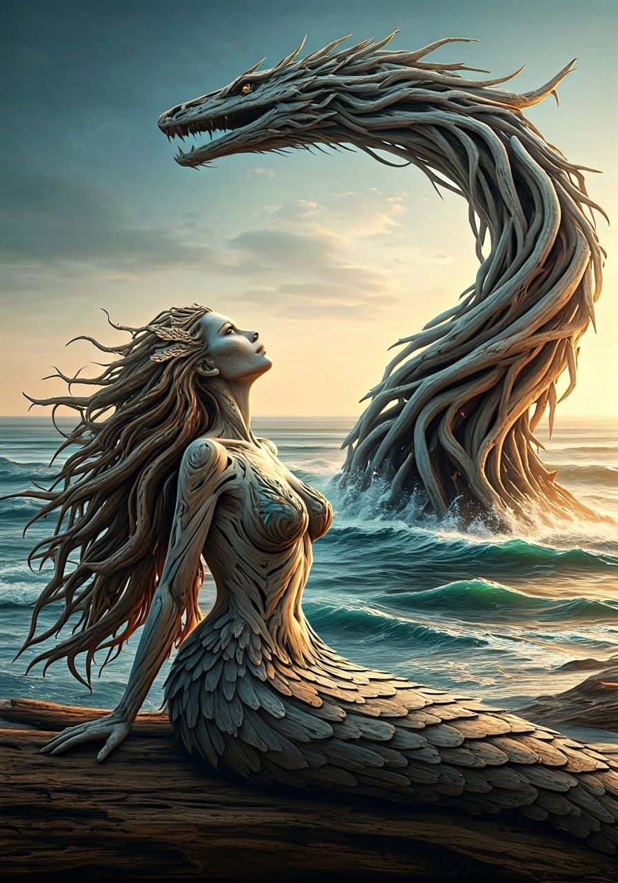 Driftwood Mermaid and Sea Serpent Sculpture