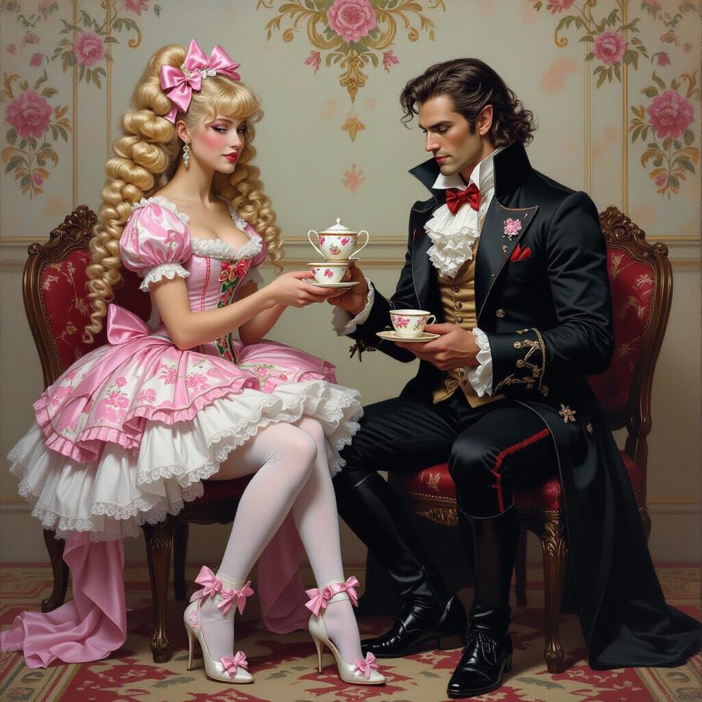 Lydia Serves Tea to Vampire King in Gothic Garden Oil Painti...