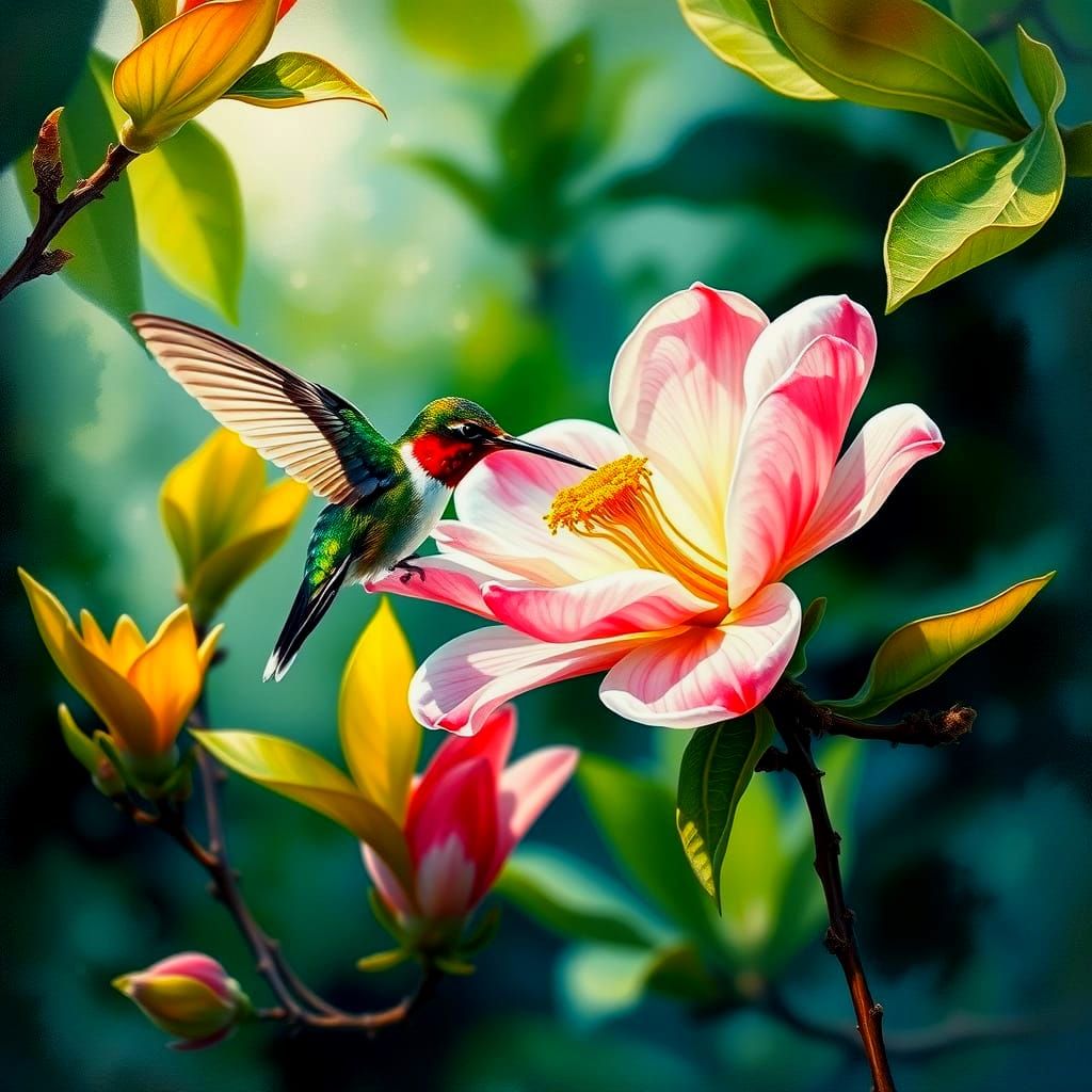 Hummingbird Sipping Nectar: An Impressionist Garden Scene