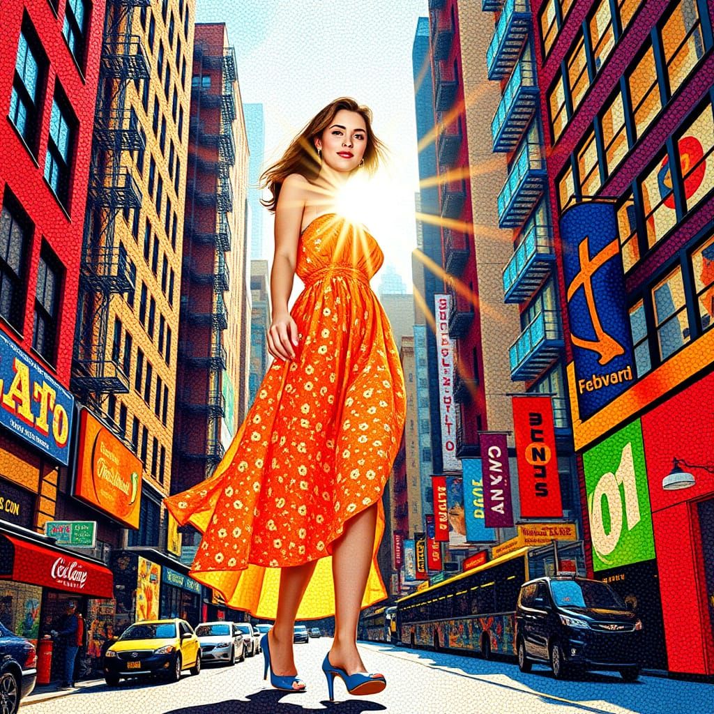 Vibrant Cityscape Pointillism with Sunshine Rays