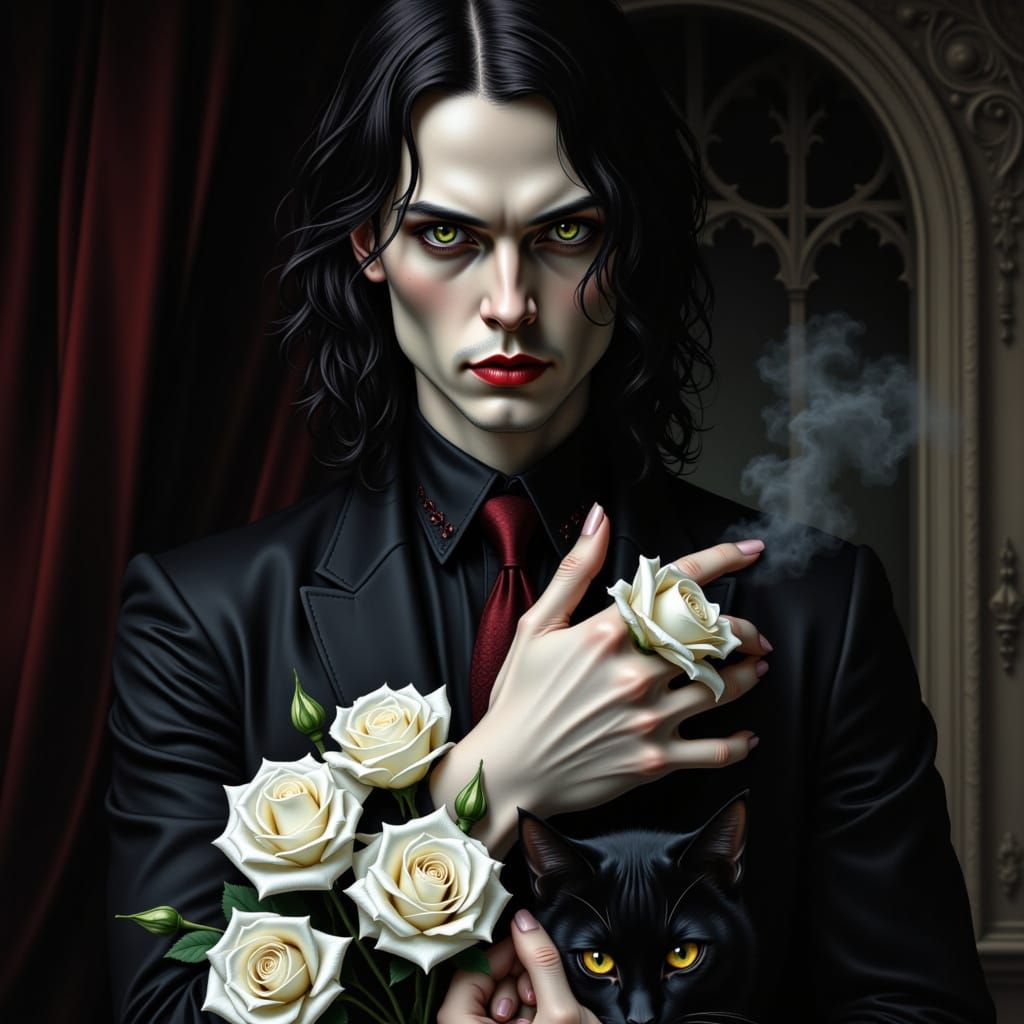 Mysterious Ville Valo with Black Cat and White Rose in Smoky...