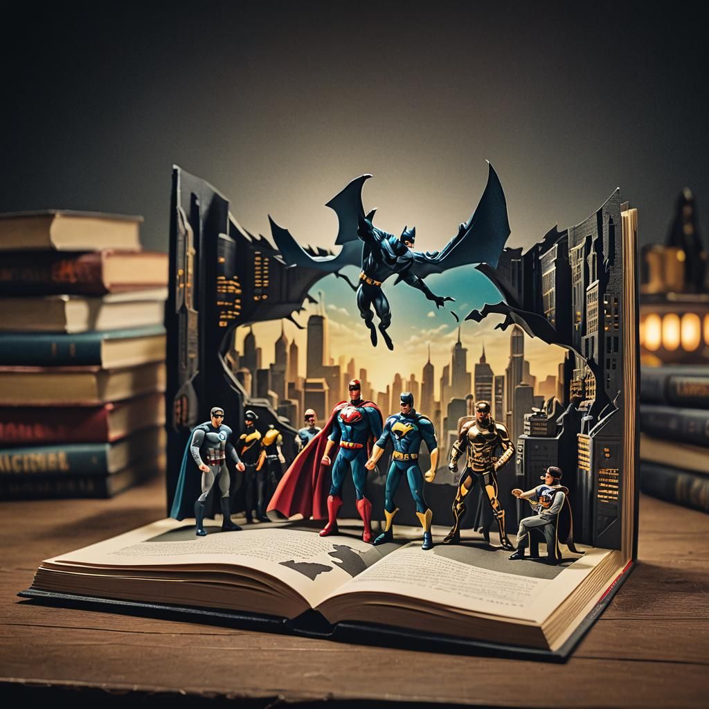 Superhero Scene in a Popup Book: Cinematic Still