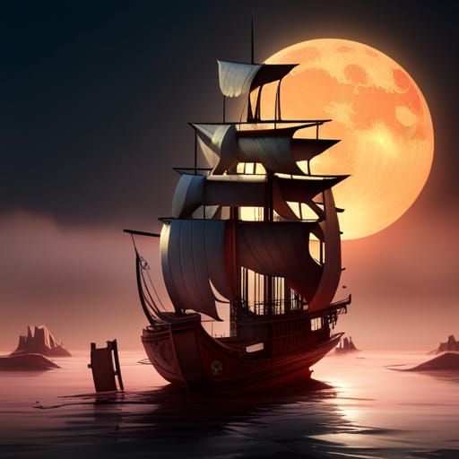 Paper Cut Pirate Ship on Red Moon Night