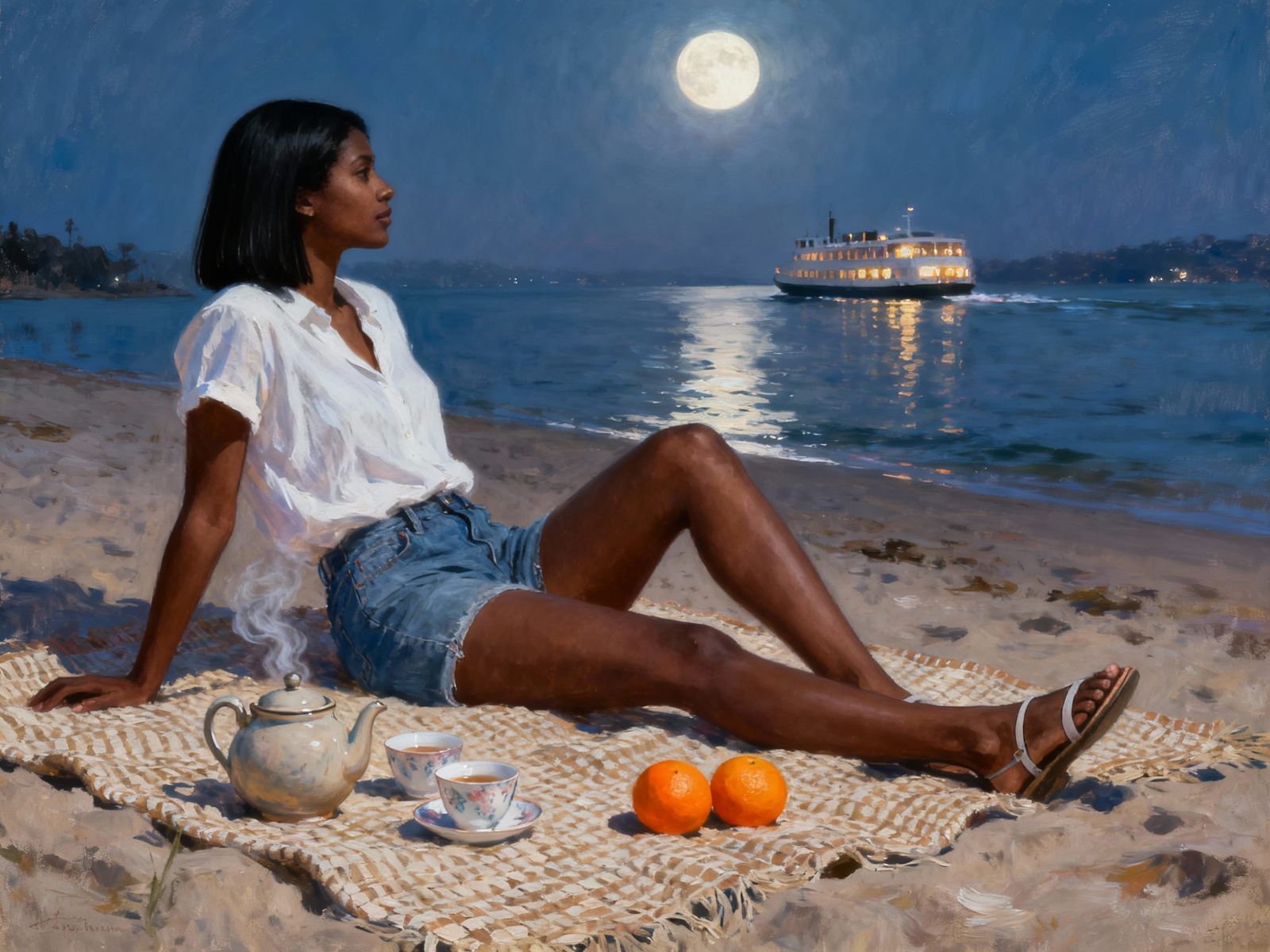 Moonlit Beach Serenity: Woman Relaxing with Tea