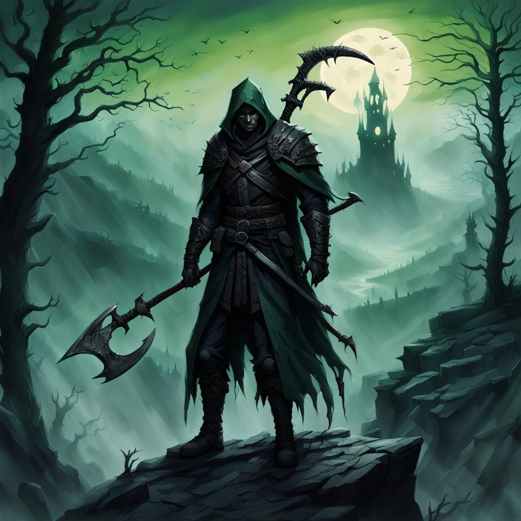 Blood Hunter in Dark Fantasy Forest with Scythe
