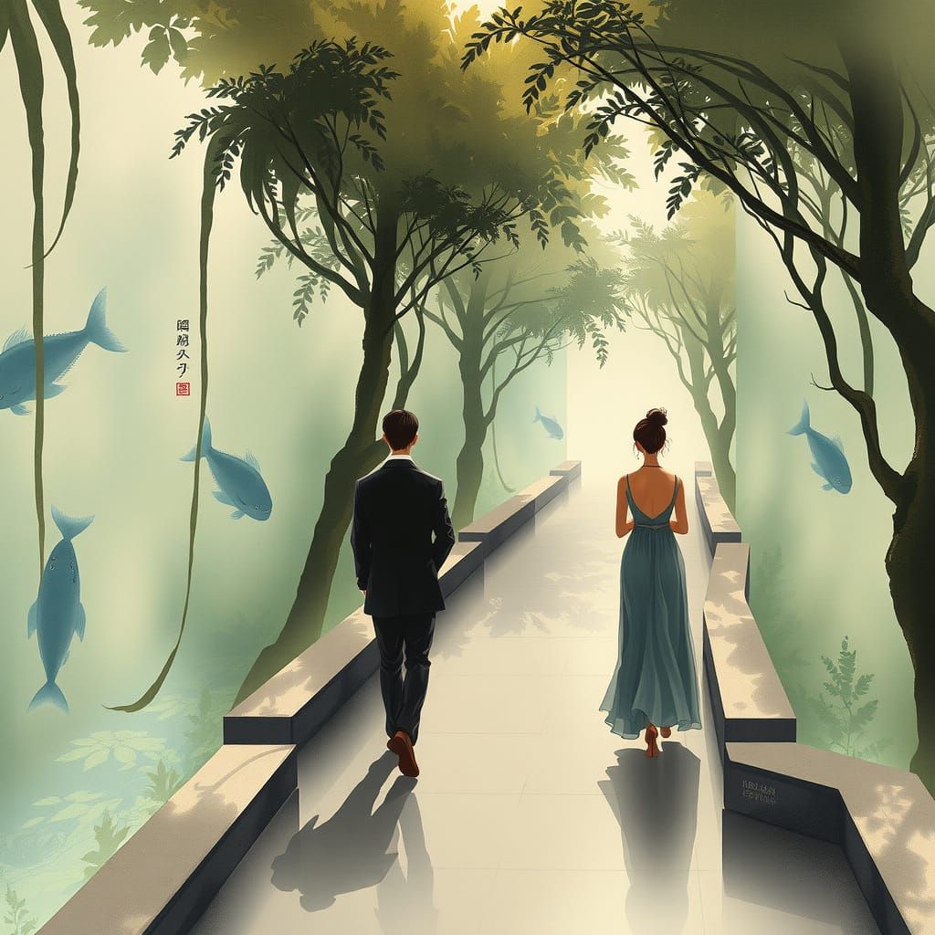 Serene Aquarium Scene in Dreamy Watercolor Style