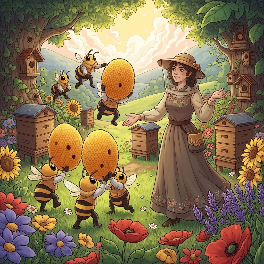 Whimsical Beekeeper with Cheerful Bees in a Sunlit Meadow