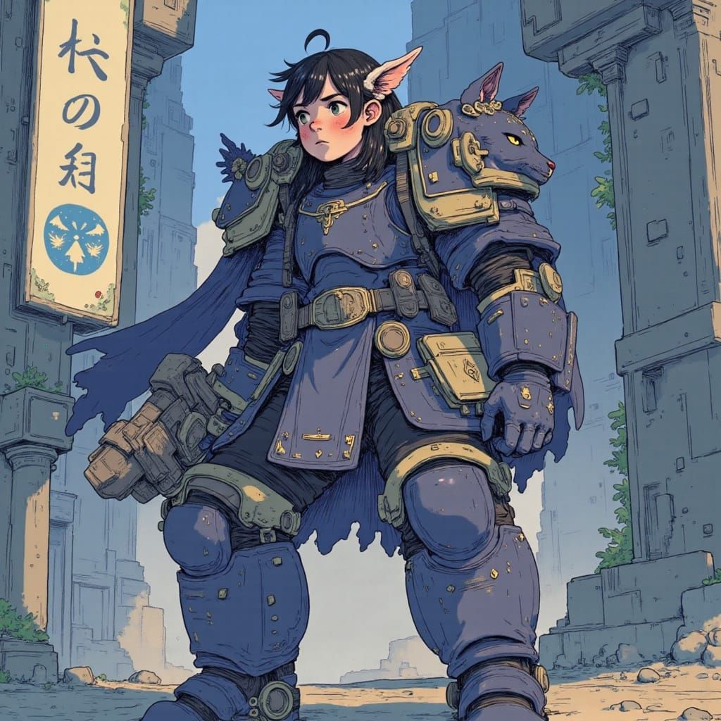 Anime Warhammer 40k Mecha Space Wolf in Bokeh Tokyo