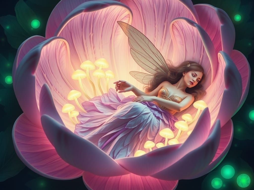 Fairy Reclining in Luminous Flower, Digital Painting