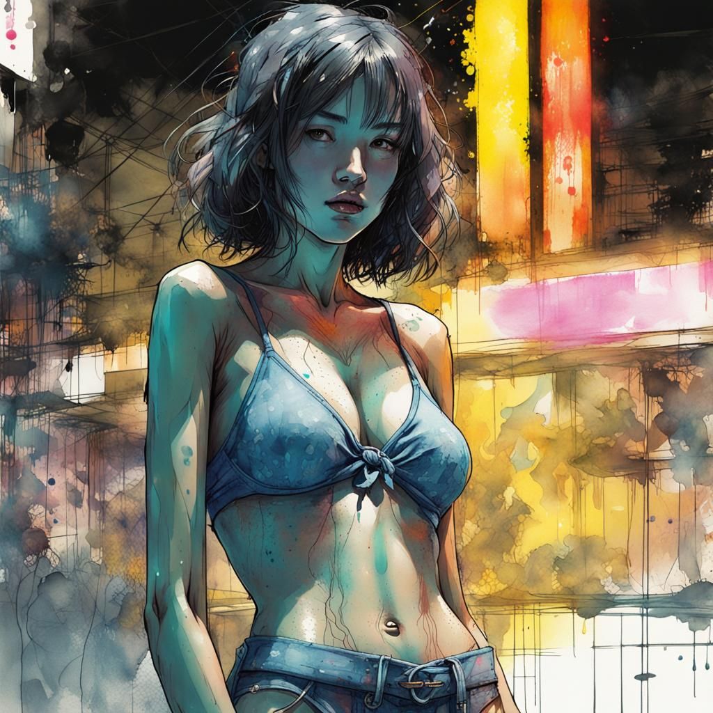 Beautiful Woman in Neon Cyberpunk Watercolor Portrait