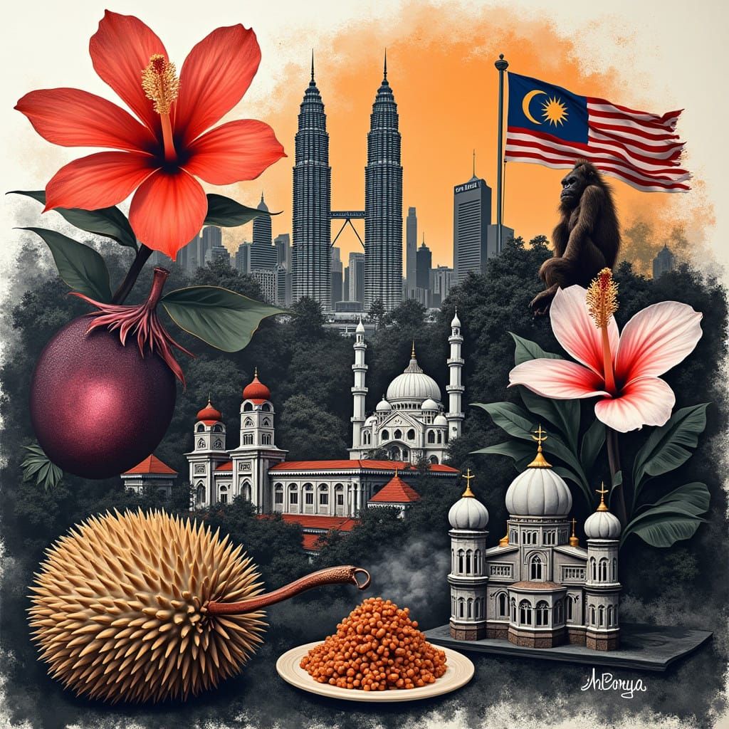 Monochromatic Malaysia Cityscape Collage in Graffiti Style