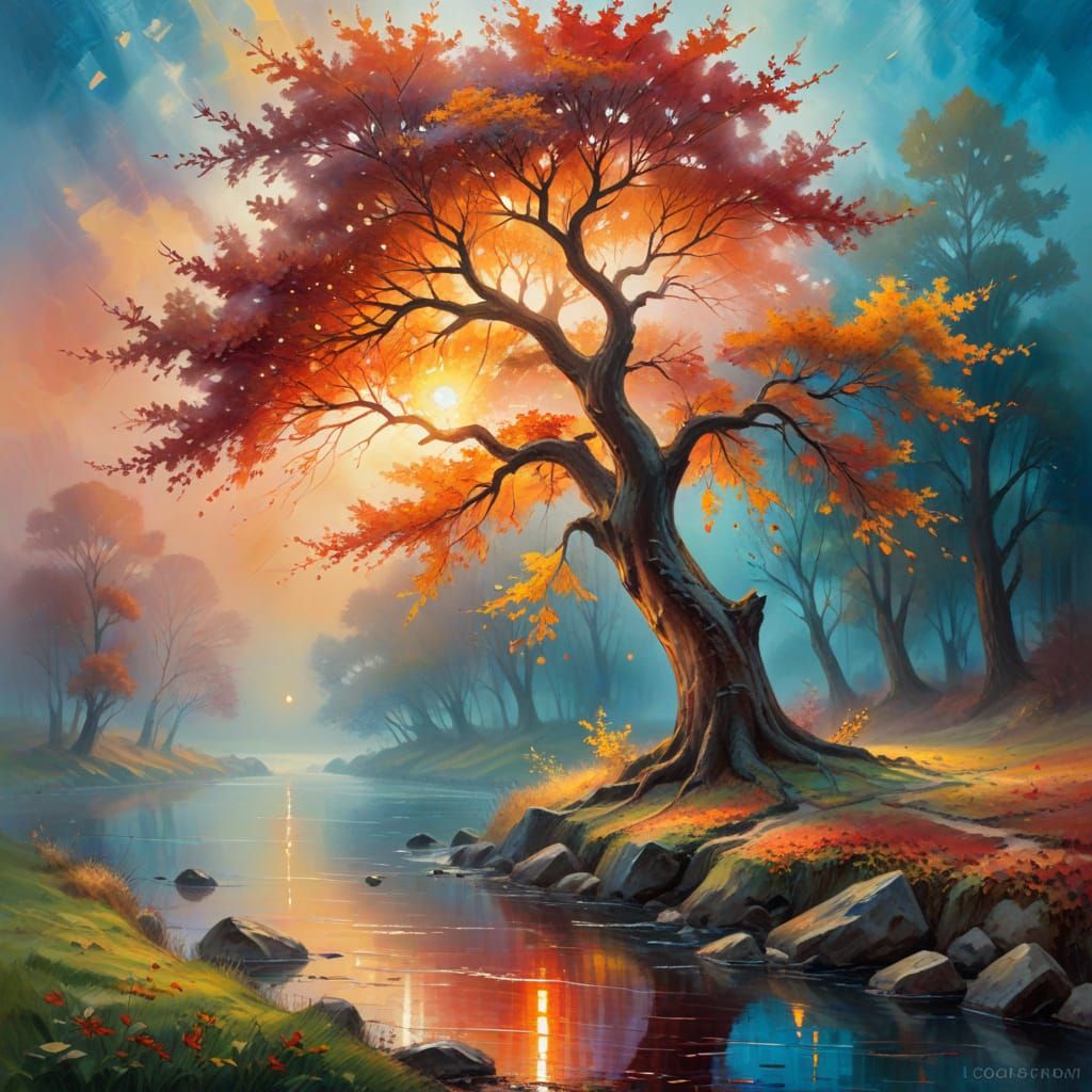 Ethereal Sunset Scene with Ancient Maple Tree in Vibrant Red...