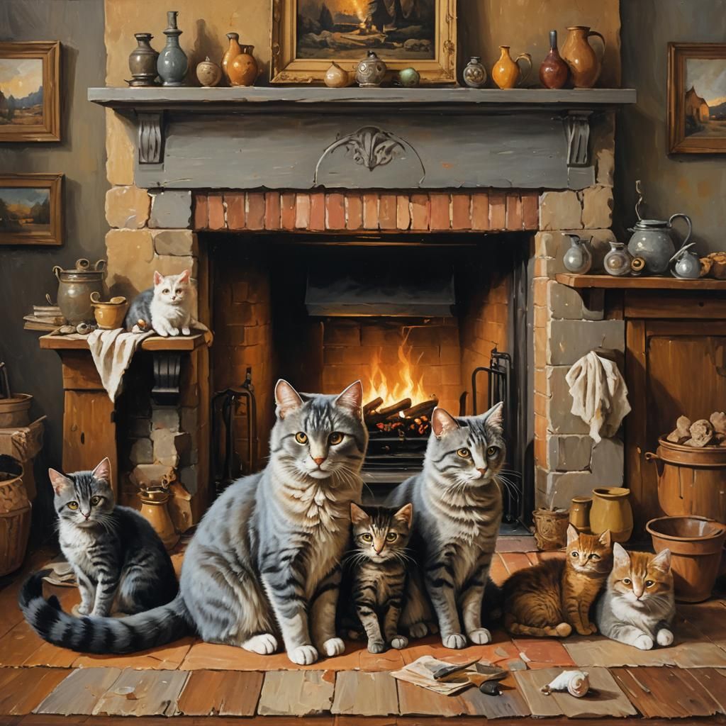 Cozy Cat Family Gathered in Rustic Oil Painting