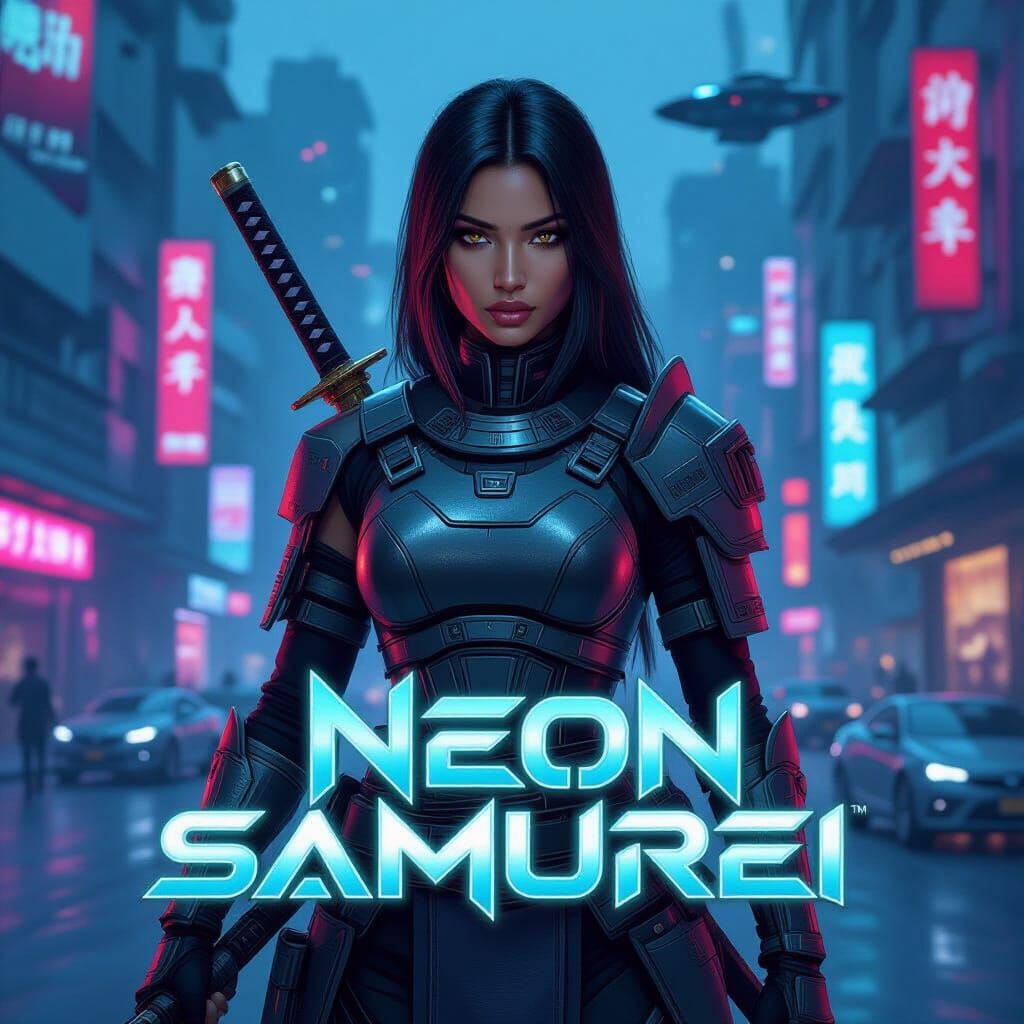 Neon Samurai Cover Art: Indian Woman in Cyberpunk City