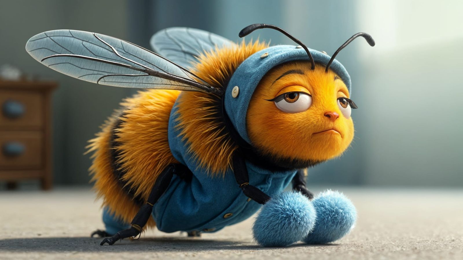 Sleepy Cartoon Bee in Pajamas and Slippers