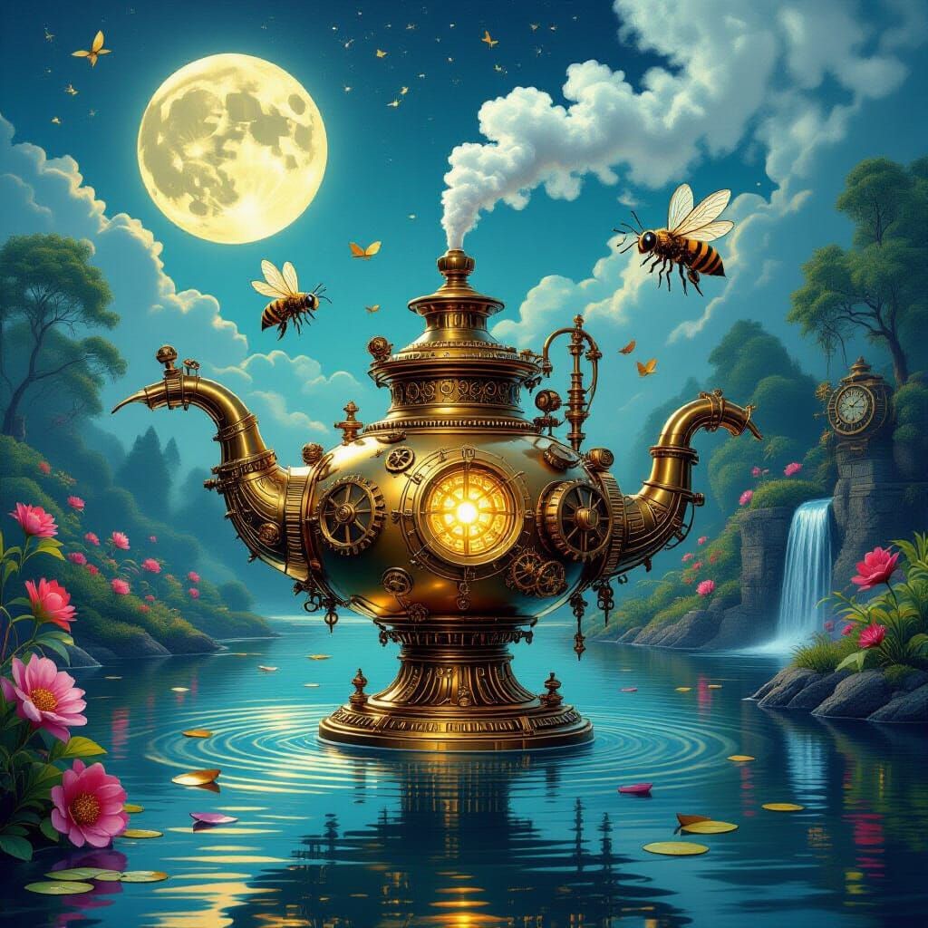 Steampunk Magic Lamp on River with Mechanical Flora
