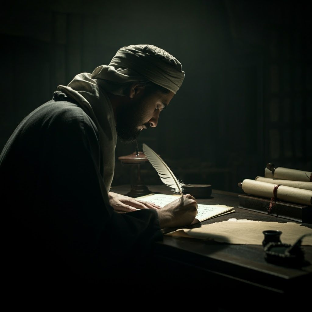 Devout Person Writes Sacred Phrase in Dim Scriptorium