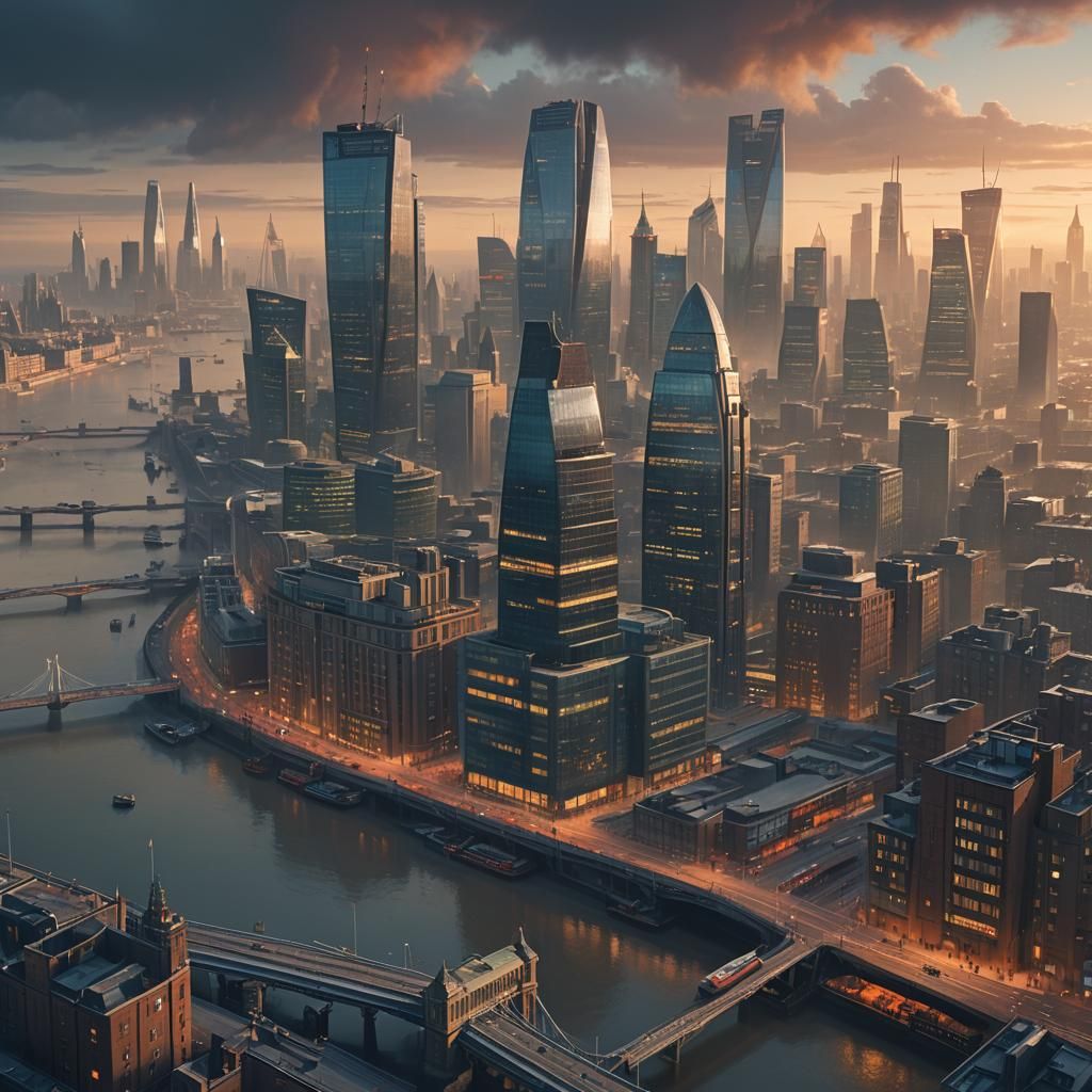 London Skyline Digital Matte Painting at Golden Hour