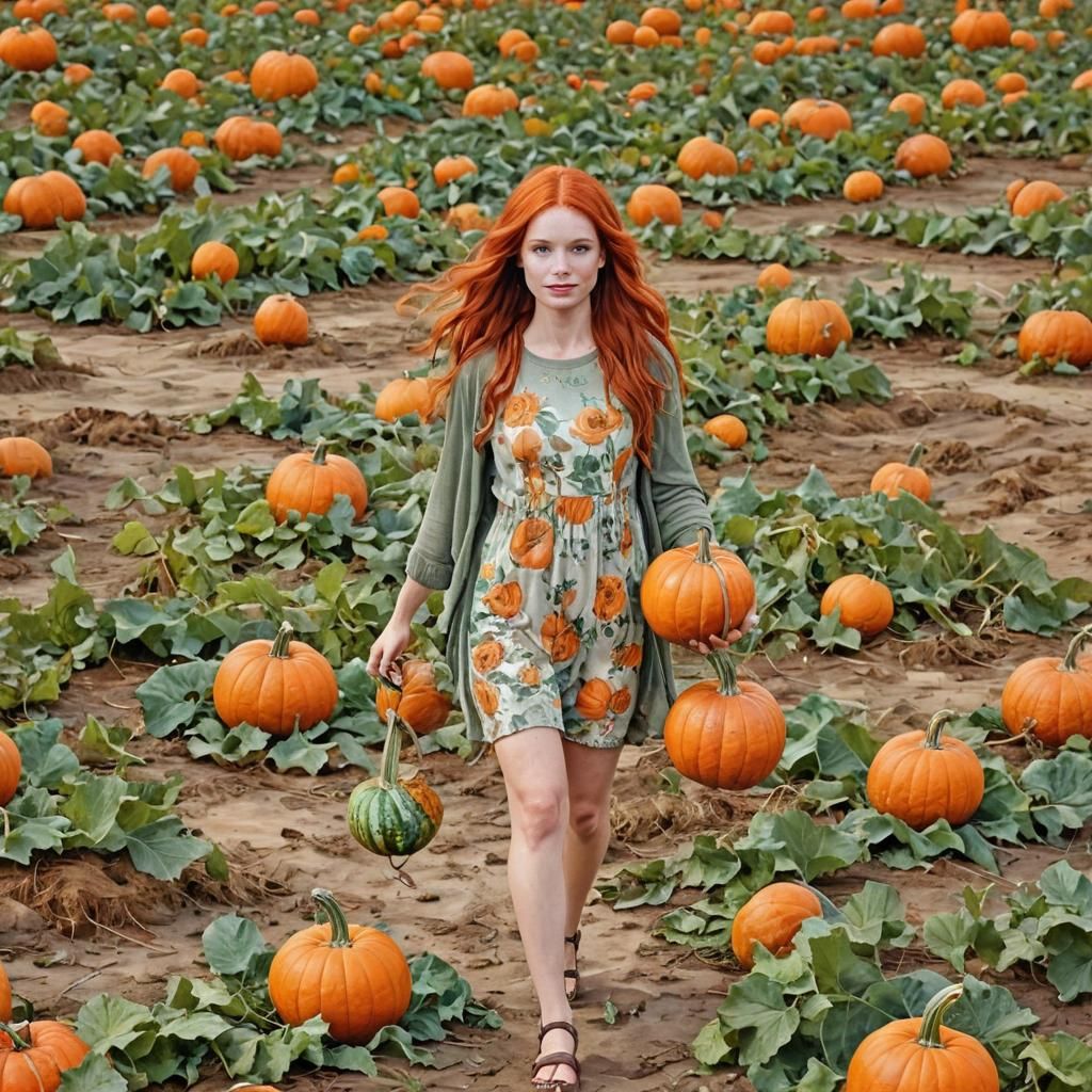 Red-Haired Beauty in Pumpkin Patch, Impasto Art