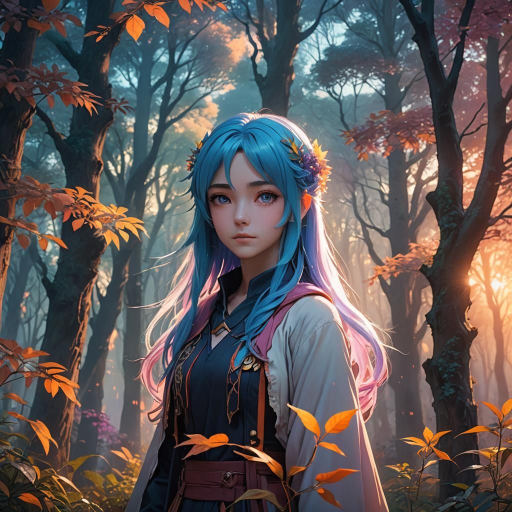 Blue-Haired Anime Girl in Mystical Sunset Forest
