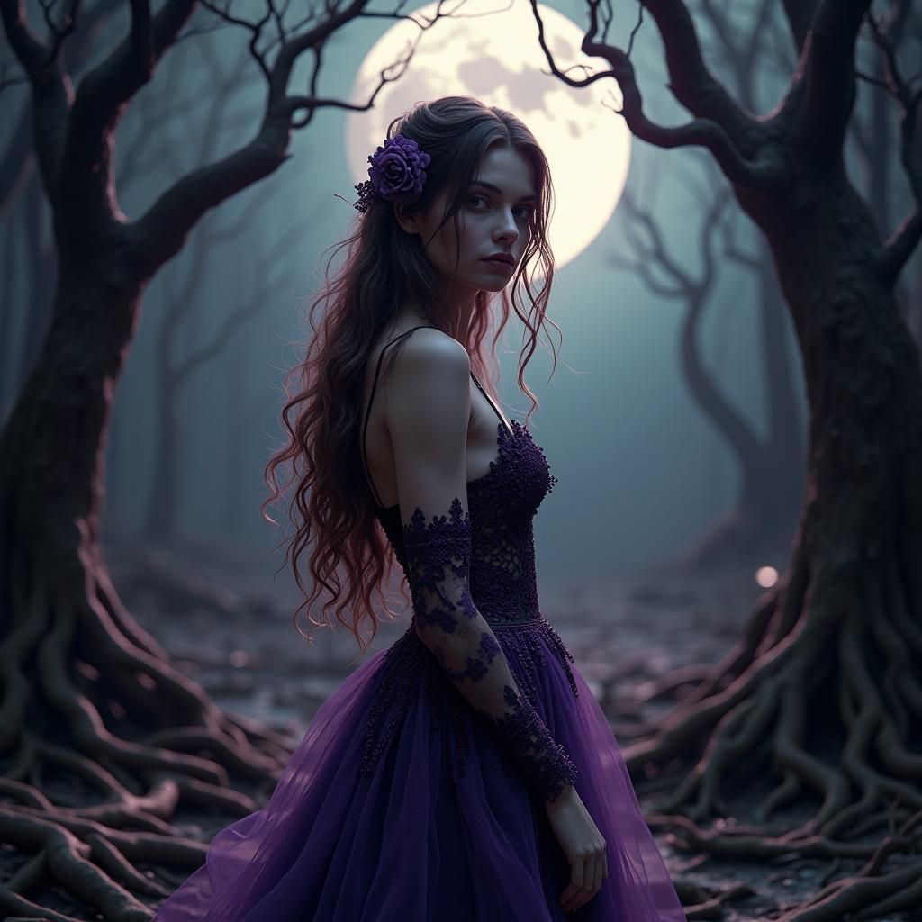 Mystical Moonlit Maiden in Gothic Art Nouveau Style