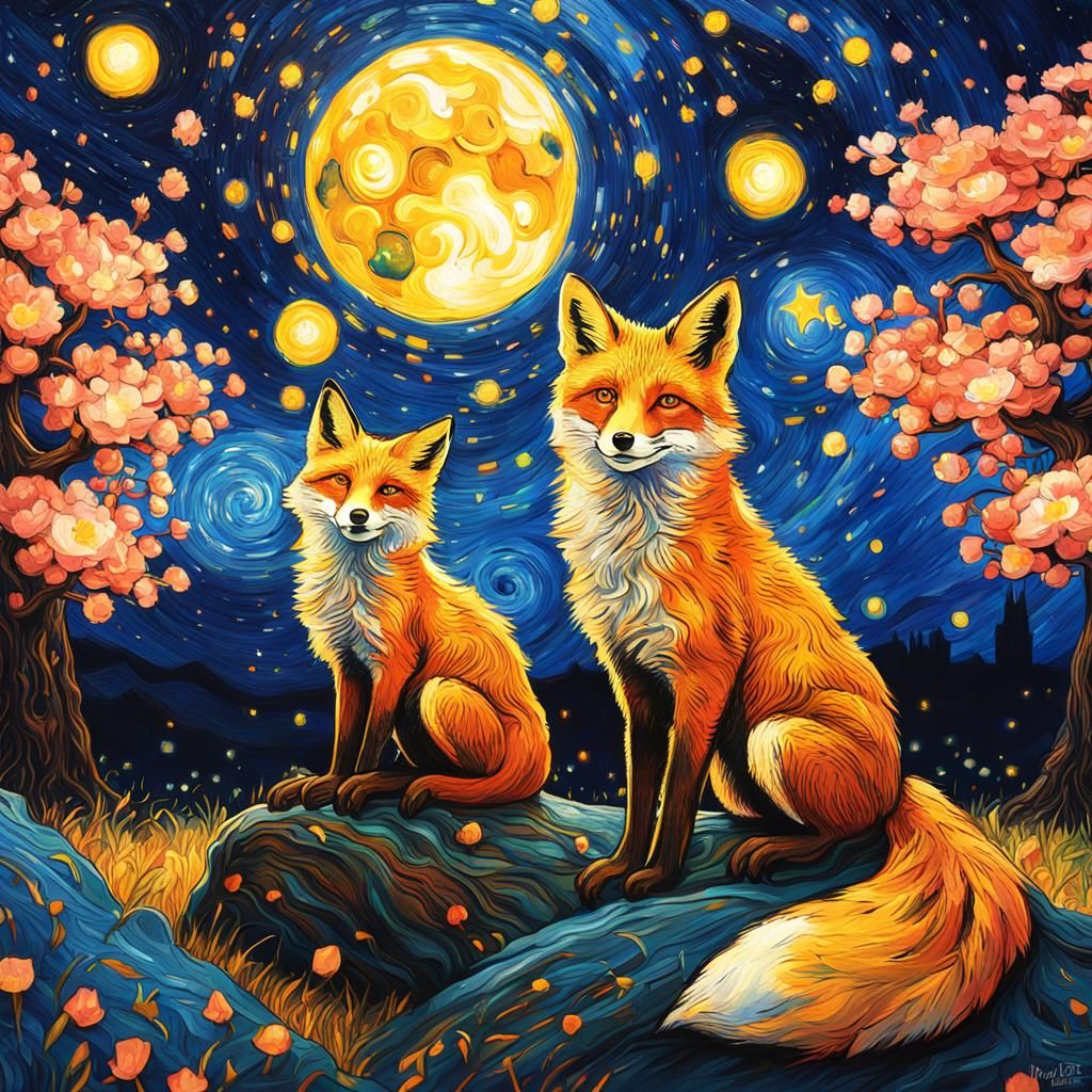 Ethereal Fox in Starry Night: Expressionist Watercolor
