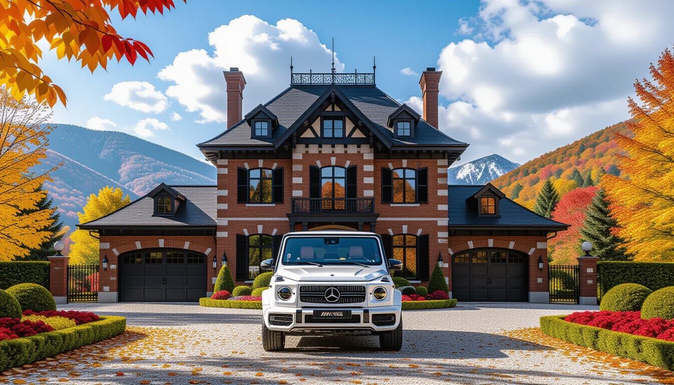 Victorian Chateau and Mercedes AMG G 63 in Autumn Landscape