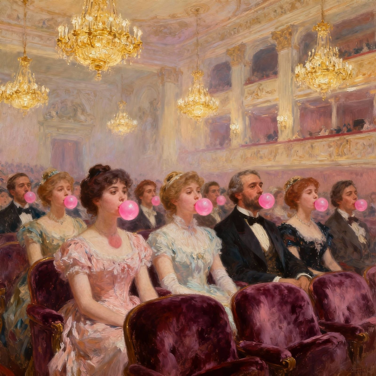 Elegant Theatre Audience Chewing Bubble Gum
