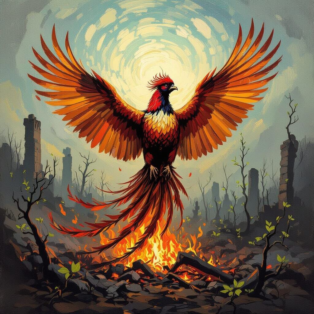 Phoenix Rising from Ashes in Van Gogh Style