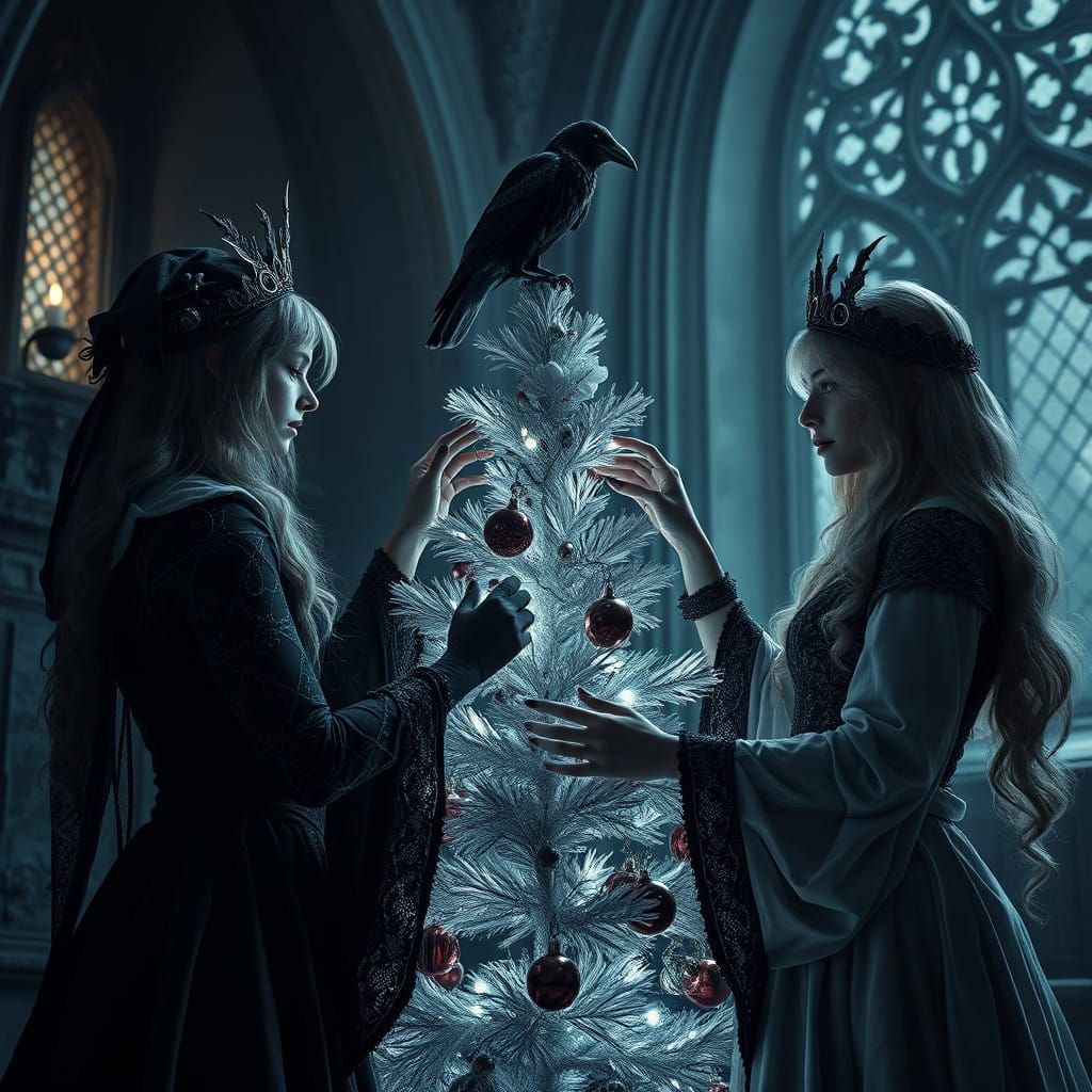 Gothic Christmas Tree in a Dimly Lit Castle