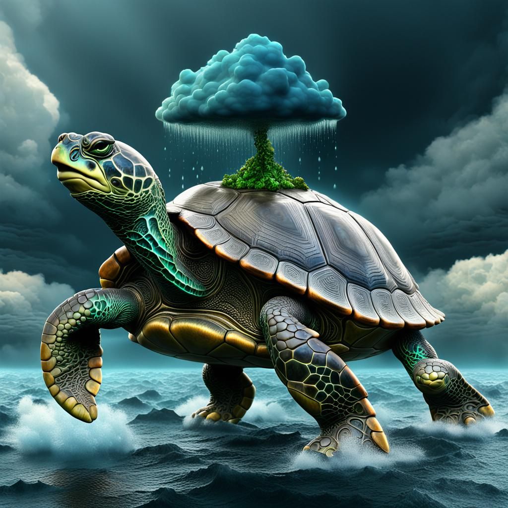 Turtle on Cloud Watching Green Rain