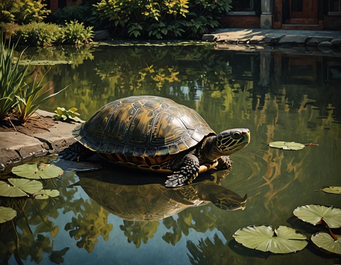 Pond Turtle in Retro Urban Setting: Impasto Painting