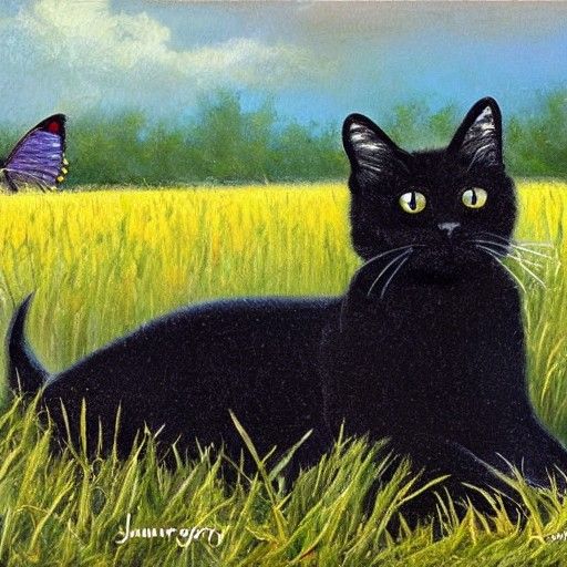 Black Cat Chasing Butterfly: Oil Painting