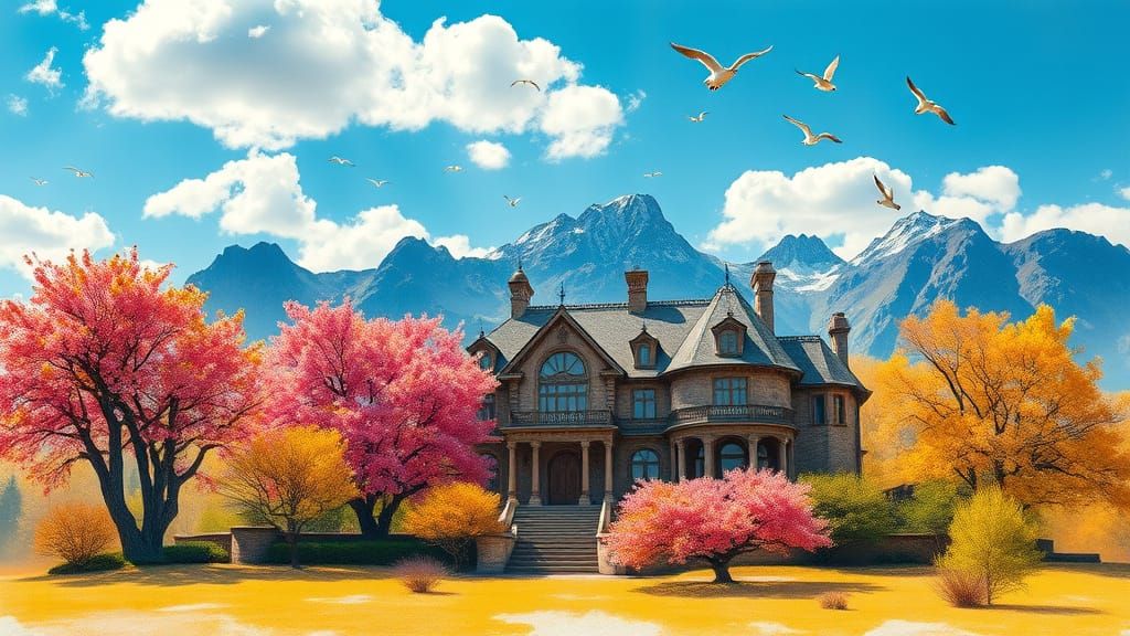 Dreamlike Luxury Estate Amidst Vibrant Blossoming Trees and ...