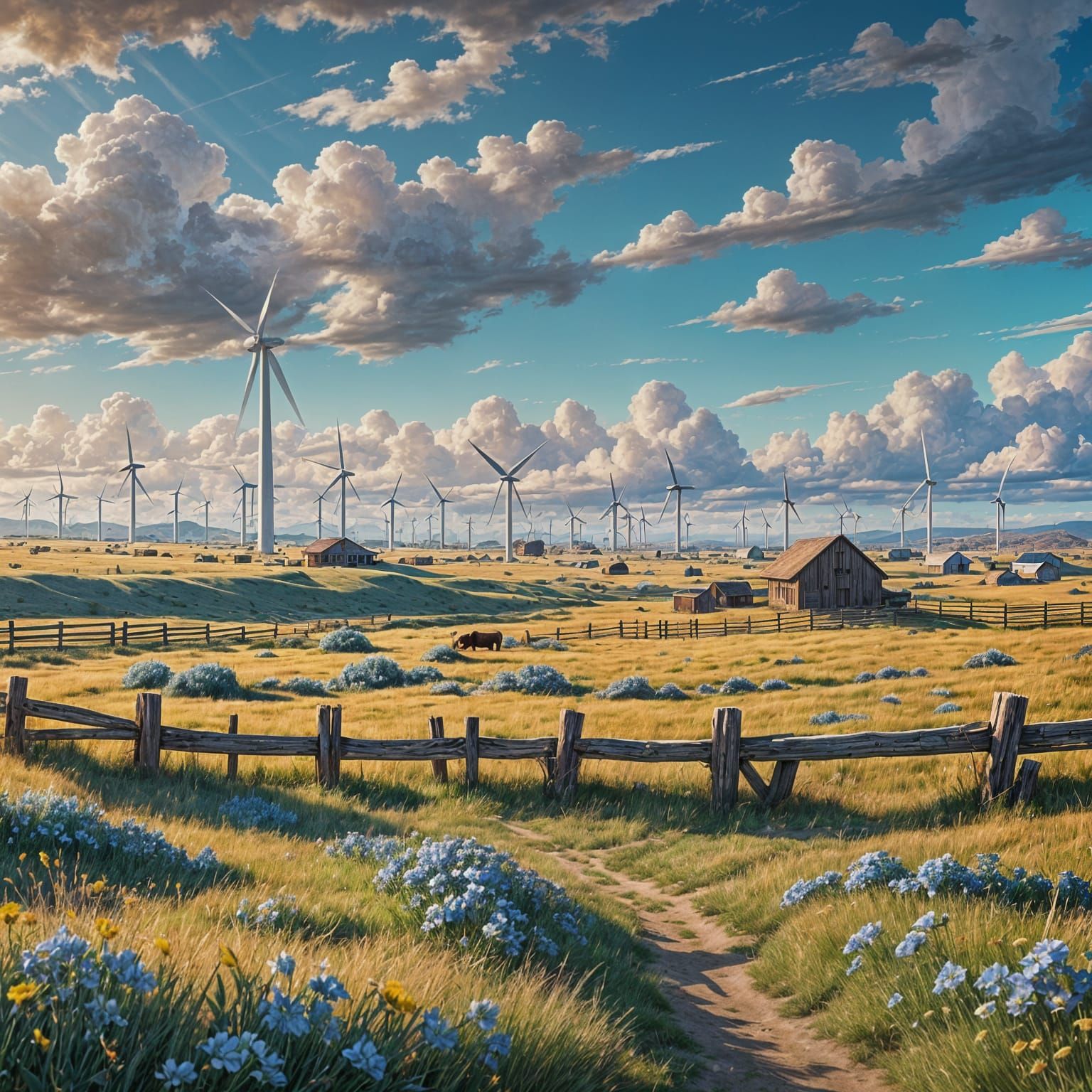 Texas Plains: Wind Turbines Under Blue Sky