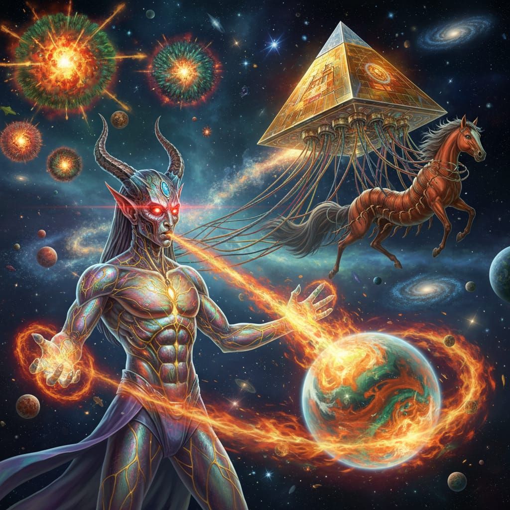 Cosmic Sorcerer Genie with Cyborg Horns in Space