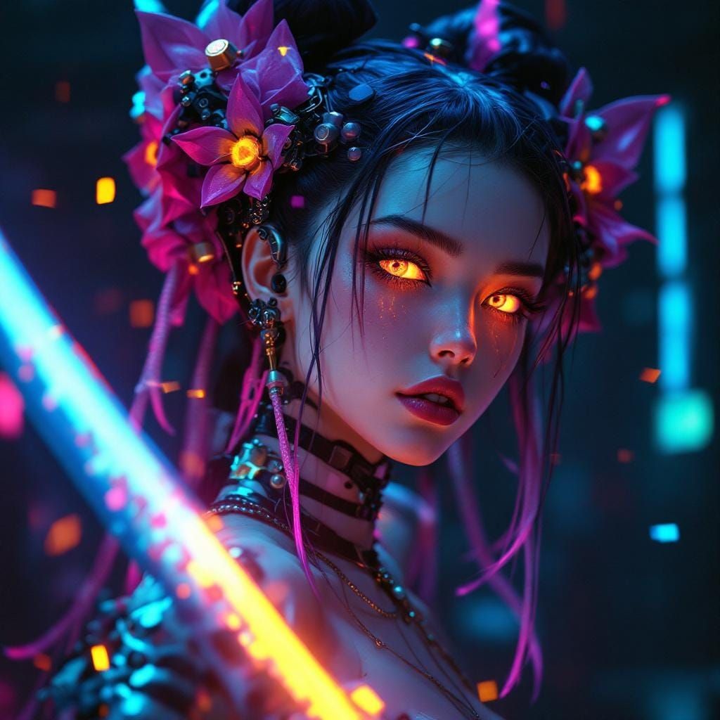 Cyborg Geisha with Neon Katana in Cyberpunk Style