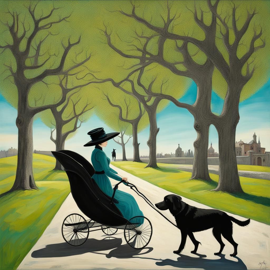 Surrealist Woman Pushing Dog in Stroller