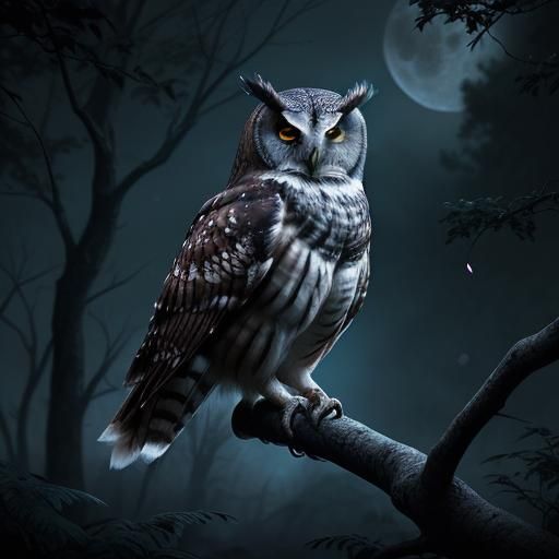 Hyperrealistic Owl on Branch Under Full Moon