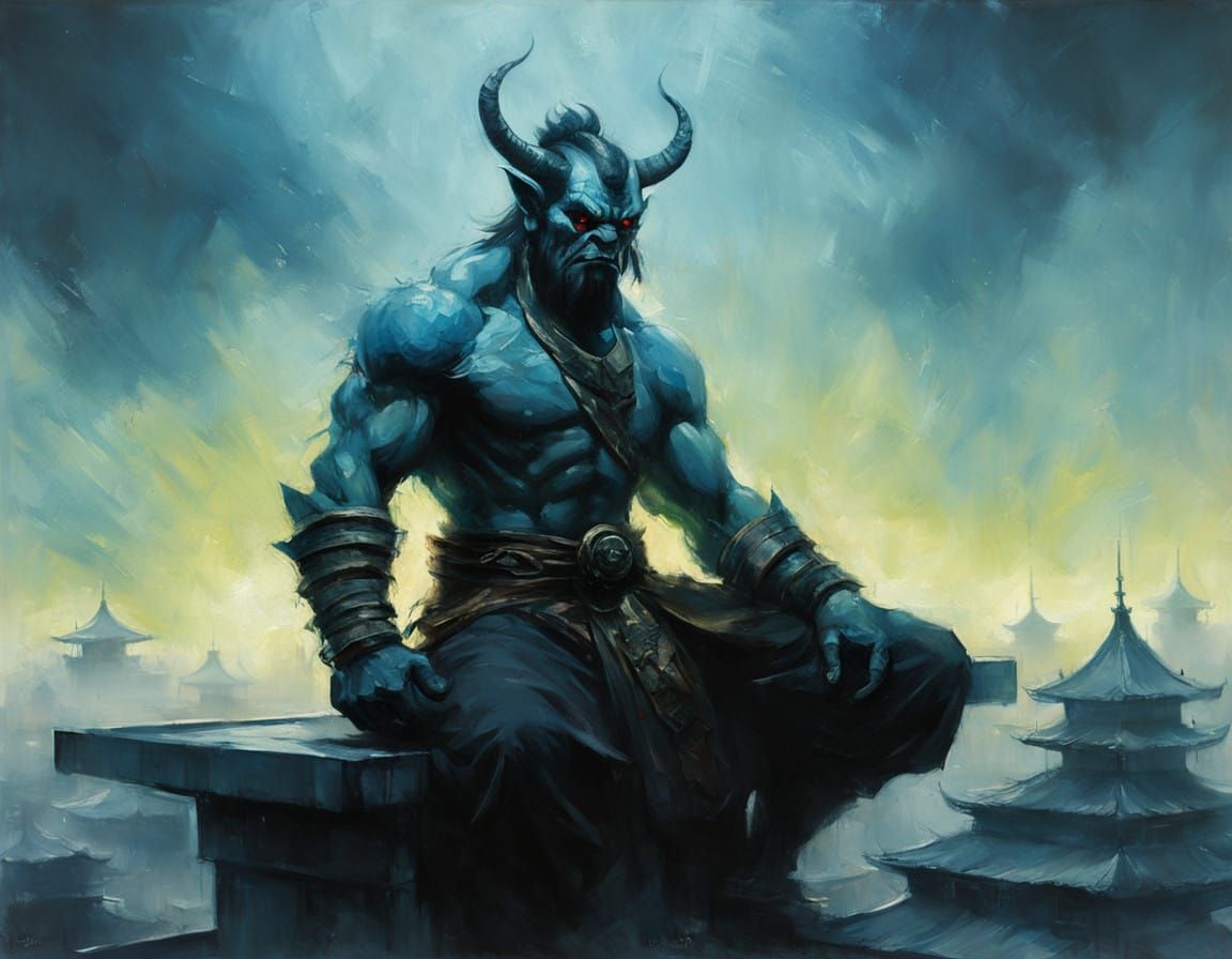 Surreal Oni Stands Tall on Rooftop in Misty Evening