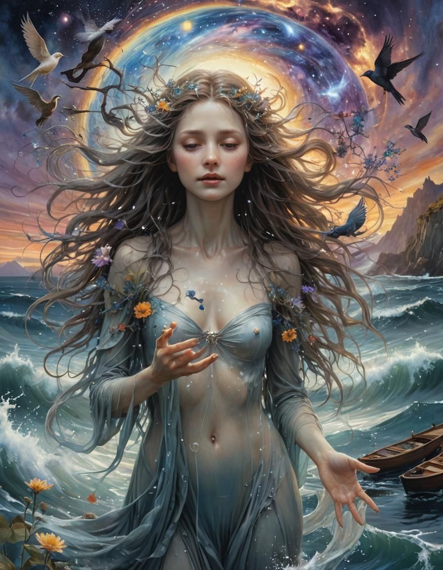 Dreamlike Digital Collage: Woman Holding Galaxy